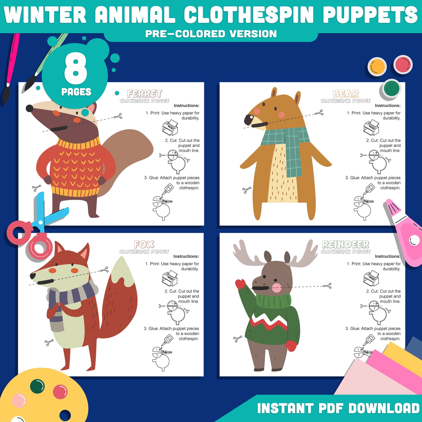 Printable Winter Animal Clothespin Puppets – Winter Classroom Craft for Preschool & Kindergarten, Early Finisher Coloring Activity, 5 Designs, PDF Instant Download