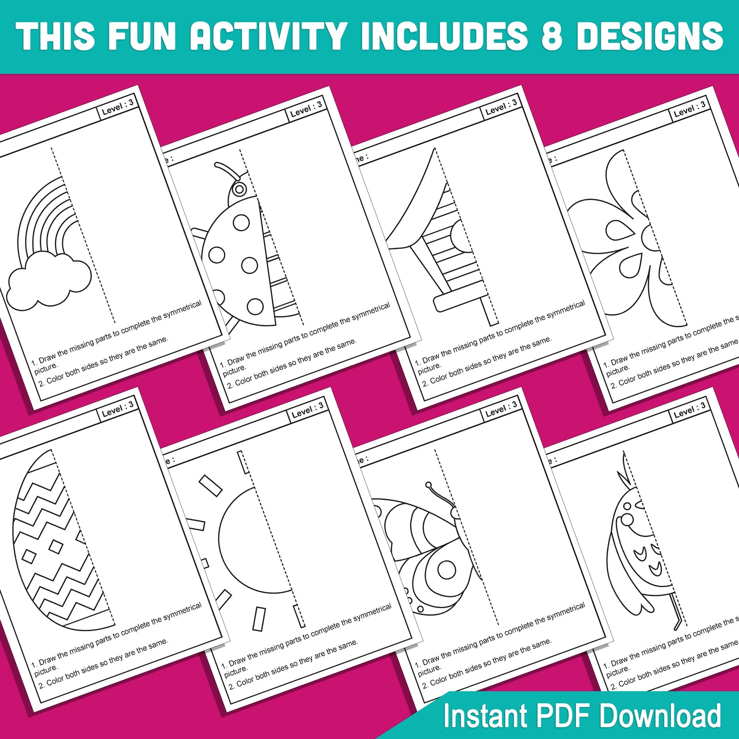 Spring Symmetry Worksheets: 24 Pages of Fun with 8 Unique Spring Designs, 3 Levels per Design, Great for Kids’ Skills Practice, PDF Download
