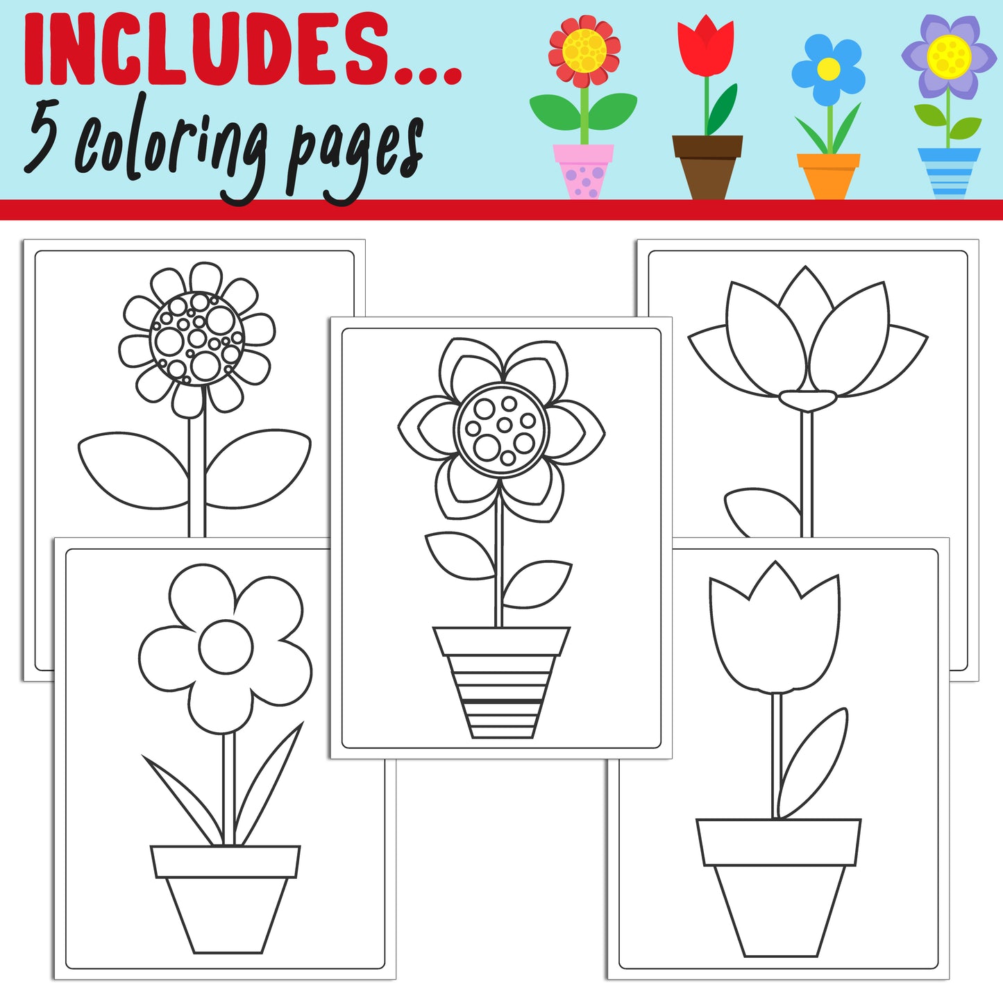 How to Draw a Flower in a Pot for Kids, Directed Drawing Step by Step Tutorial, Includes 5 Coloring Pages, PDF File, Instant Download