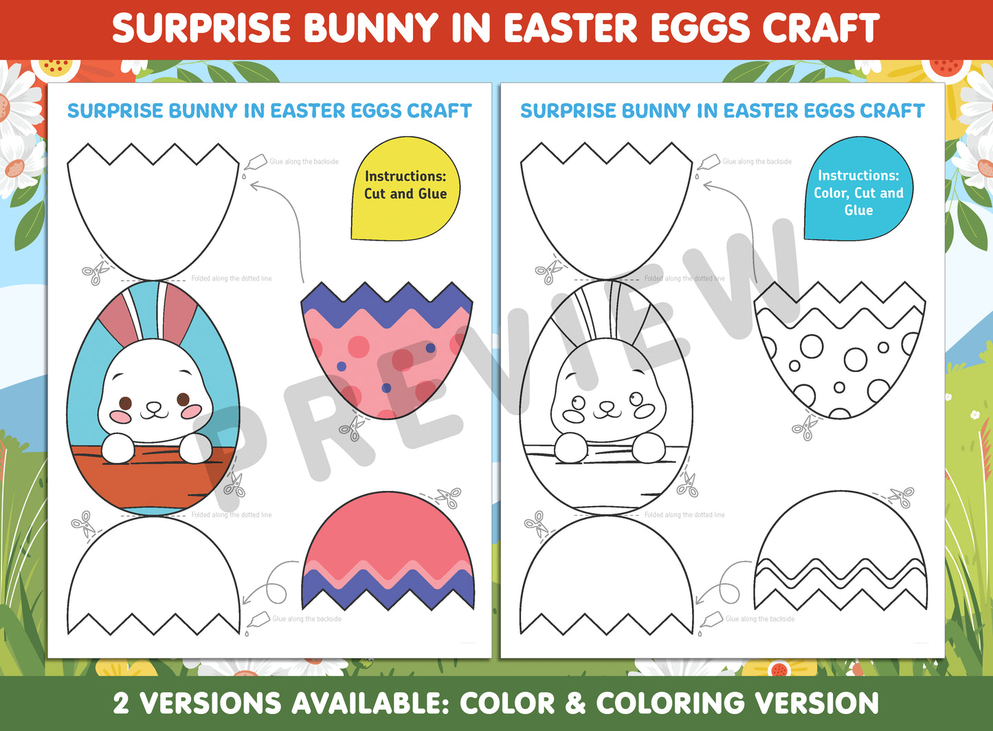 Surprise Bunny in Easter Eggs Craft Activity for Kids - Color, Cut, and Glue, Available in Color and Coloring Versions, Instant PDF Download