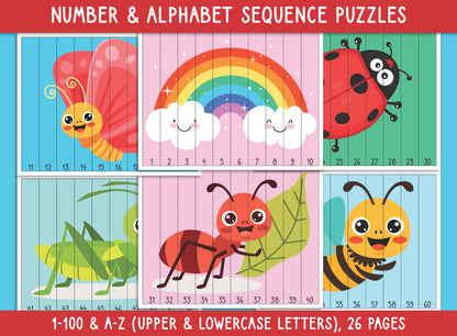 Spring Number and Alphabet Sequence Puzzles (Printable), 1-100 and A-Z (Upper & Lowercase Letters), for Toddler, Preschool, Kindergarten