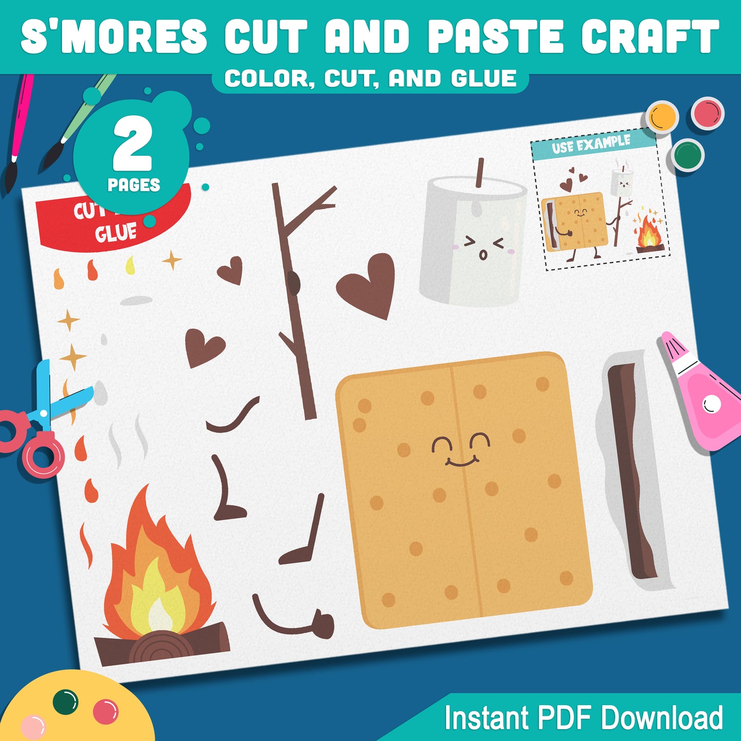 S'mores Summer Camping Craft for Kids, 2 Fun Pages to Color Cut and Glue, Pre-Colored and Black & White, Instant PDF Download