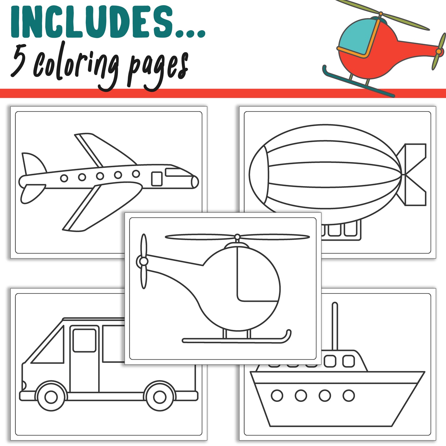 Learn How to Draw Transport Vehicles (Helicopter, Airplane, Airship, Cruise Ship, Bus), Step by Step Tutorial, Includes 5 Coloring Pages