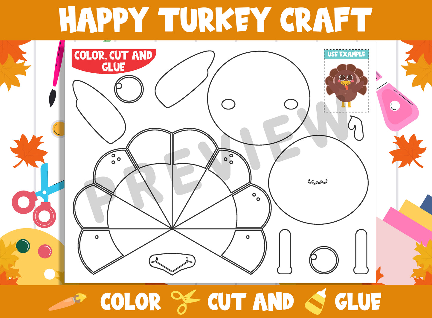 Happy Turkey, Thanksgiving Craft Activity - Color, Cut, and Glue for PreK to 2nd