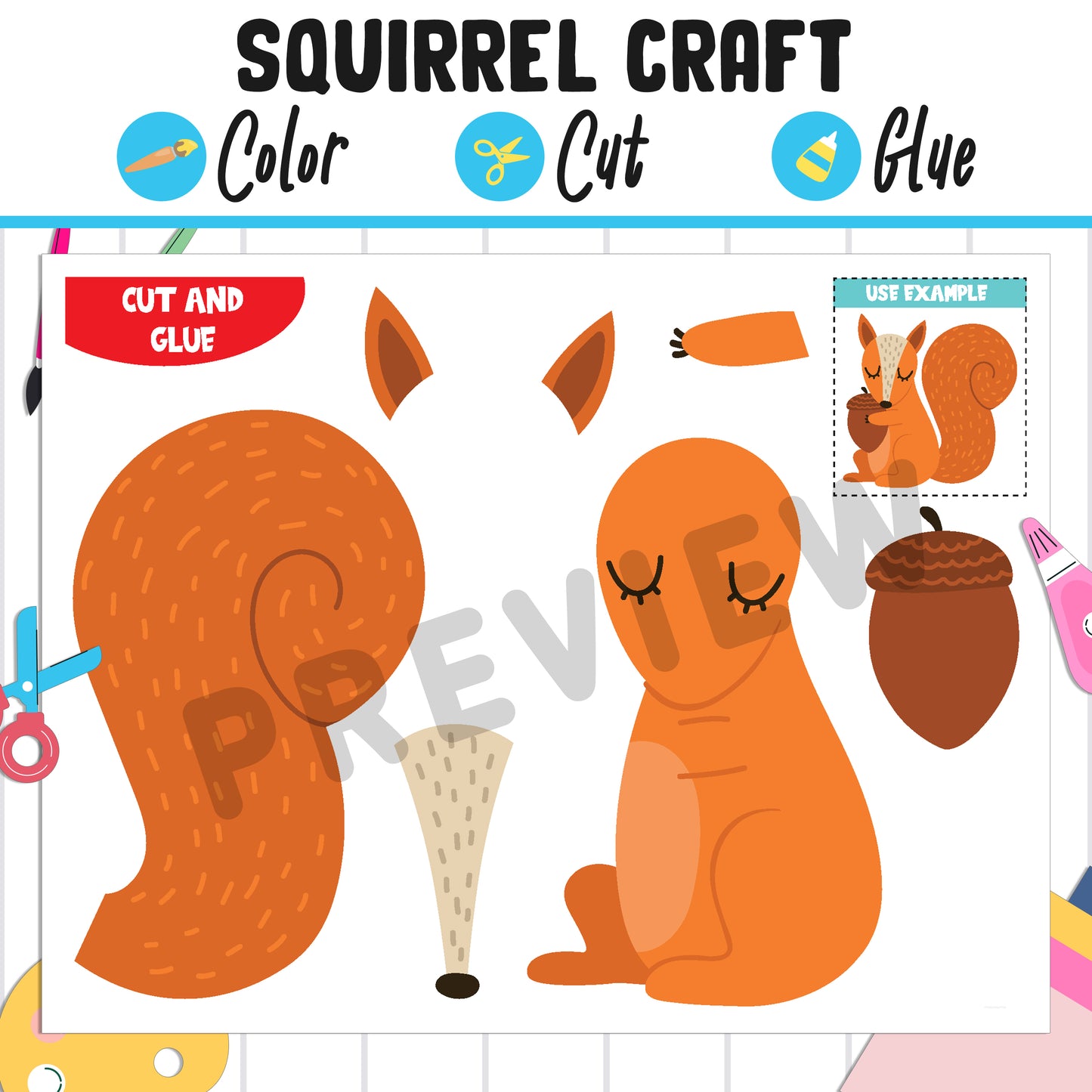 Cute Squirrel Craft Activity: Color, Cut, and Glue, Fun for PreK to 2nd Grade, PDF Instant Download