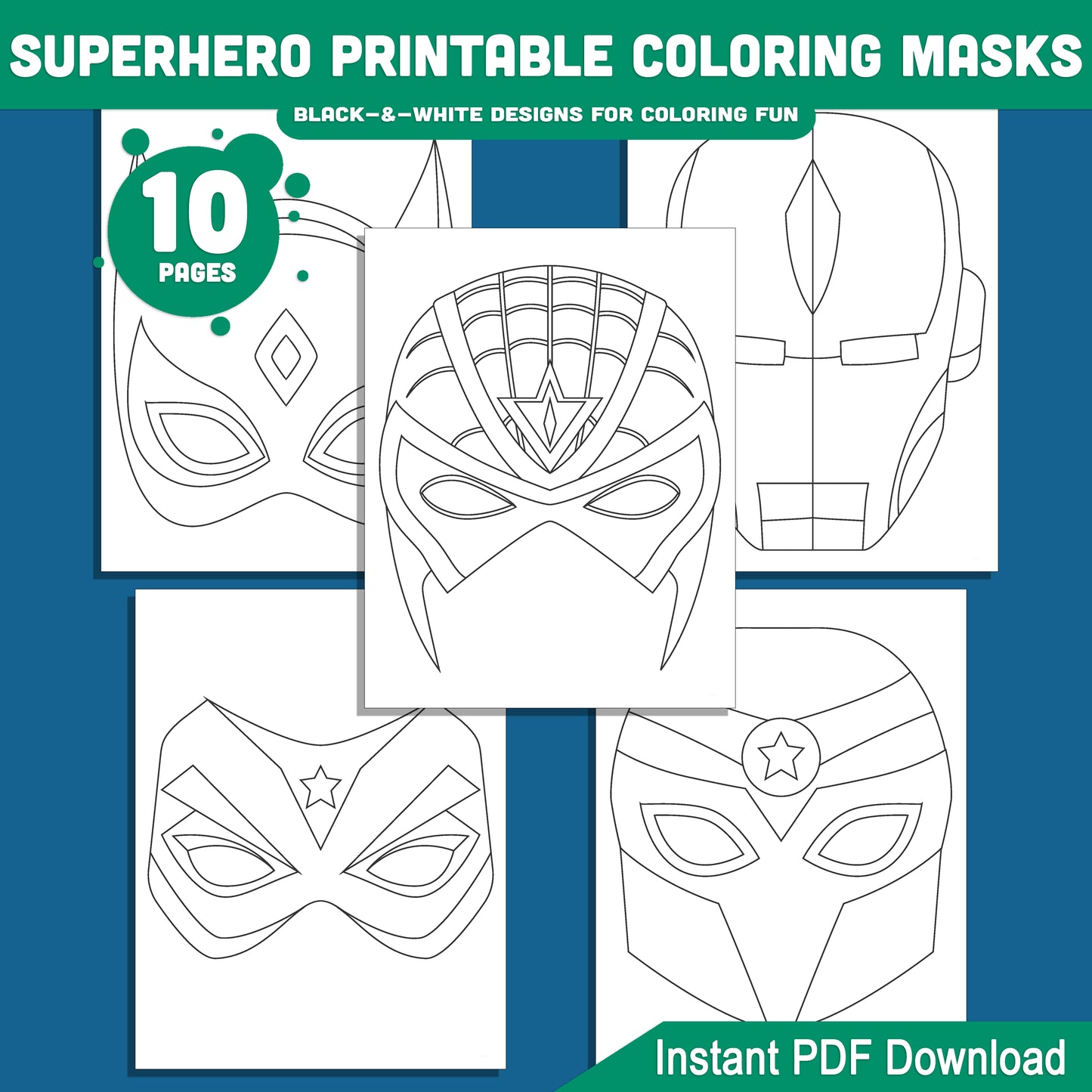 Superhero Coloring Mask Templates – DIY Printable Face Masks for Kids' Parties, Playtime, and Dress-Up Fun, Black-and-White Designs, PDF Instant Download