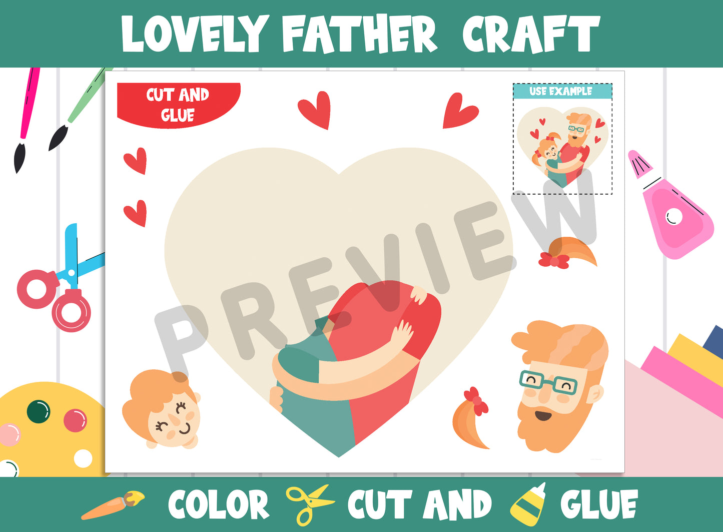 Lovely Father Craft Activity, For Dad, Grandpa, Uncle Etc. - Color, Cut, and Glue for PreK to 2nd Grade, PDF File, Instant Download