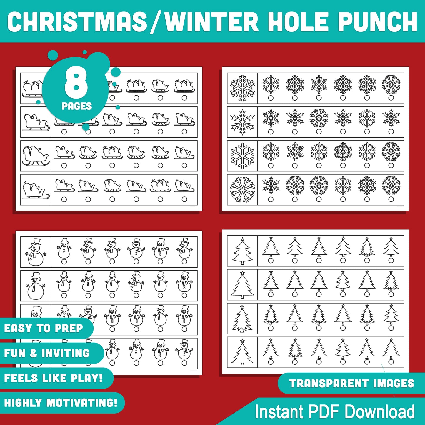 Kids’ Christmas/Winter Hole Punch Activity: 8 Pages with 4 Strips Each for Fine Motor Skills Practice, Fun Educational Craft, Instant PDF Download