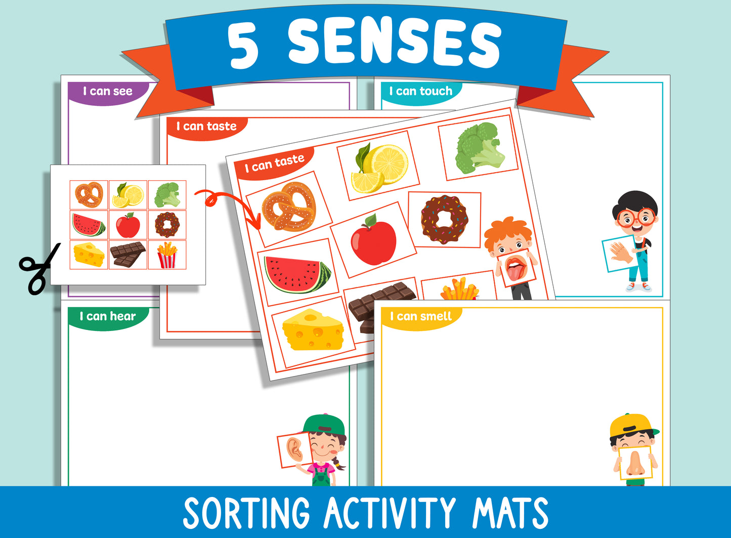 Five Senses Sorting Set for Preschool, Pre-K, and Kindergarten: Includes Cards, Mat, Pocket Chart, PDF File, and Instant Download
