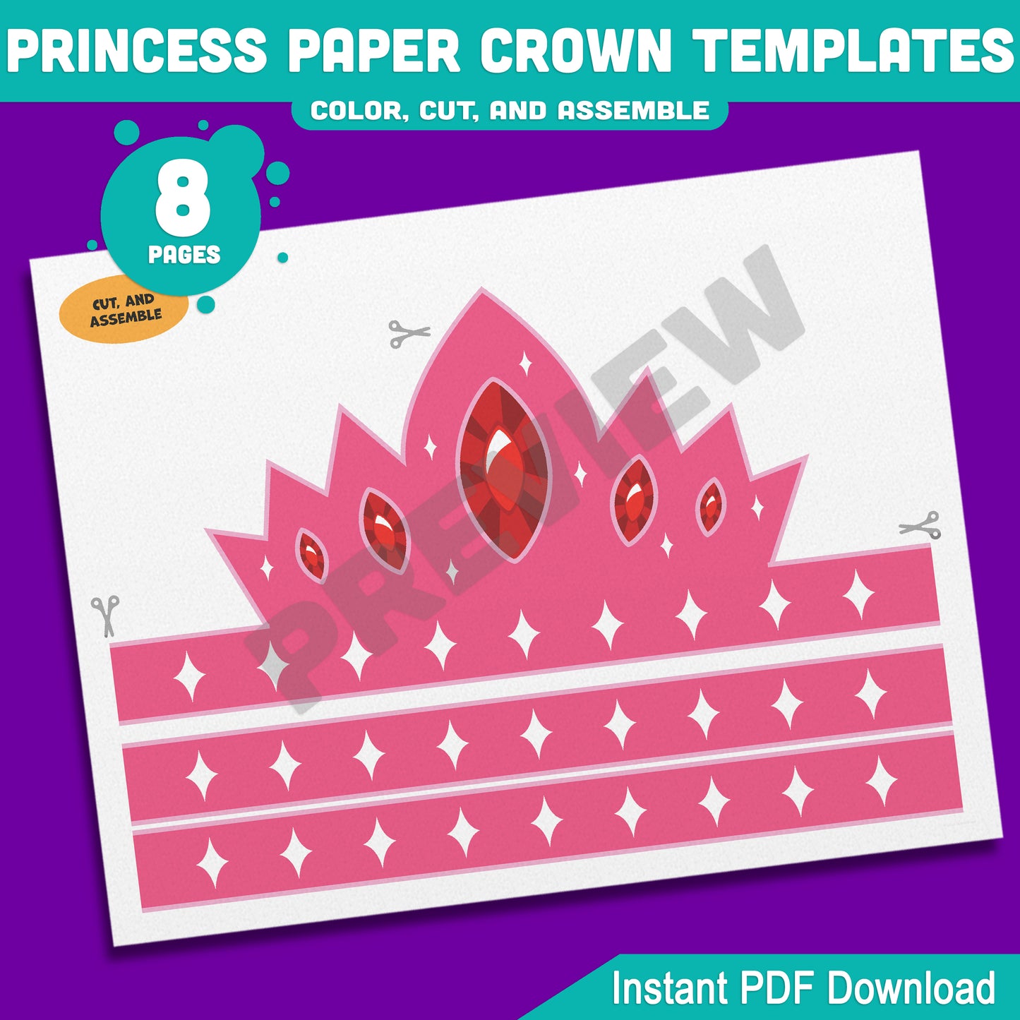 Princess Paper Crowns – 4 Printable Tiara and Royal Hat Designs for Kids, in Color and Black & White, Fun Headband Craft, 8 Pages