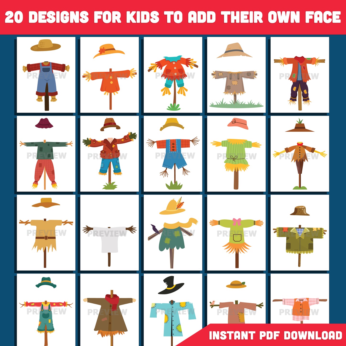 Printable Scarecrow Body Templates for Kids, 20 Unique Halloween Designs, 8.5x11, Cut & Paste Face Craft for Classroom, Homeschool, and Dramatic Play