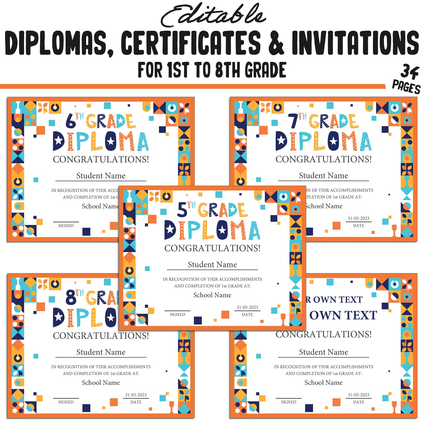 Editable Diplomas for 3rd Grade, Certificates for 1st-8th Grade, and Invitation Templates in a Mosaic Theme - 34 Pages, PDF Instant Download