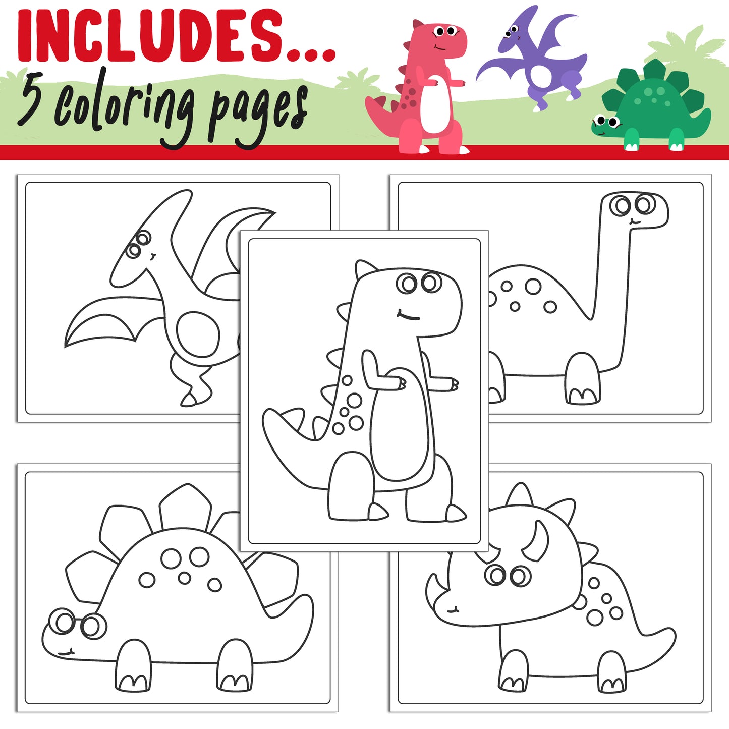Learn How to Draw a Dinosaur Easy: Directed Drawing Step by Step Tutorial, Includes 5 Coloring Pages, PDF File, Instant Download.