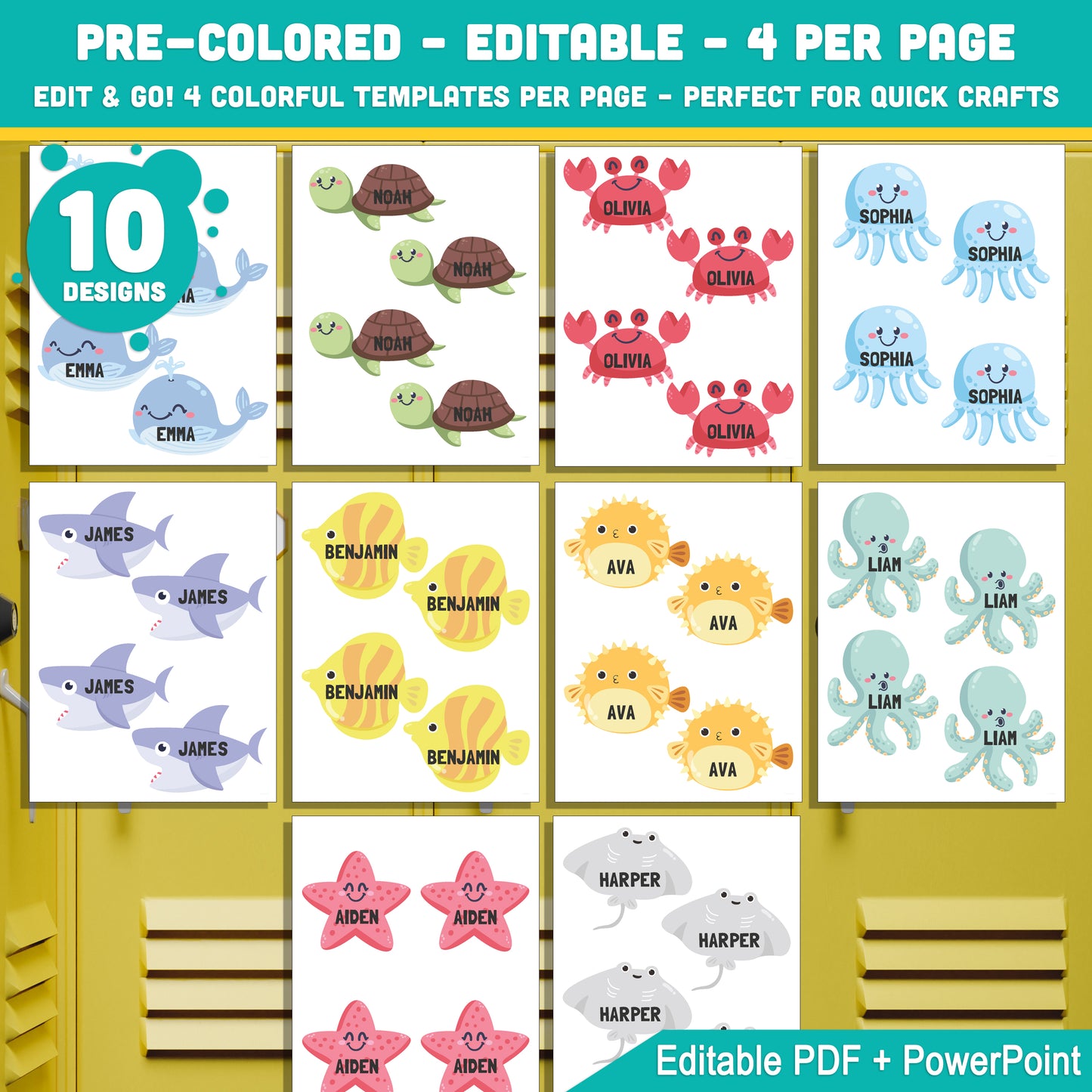 Back to School Editable Locker Labels (Cubby Name Tags), Sea Animal Themed – 4 Per Page, PDF + PowerPoint, 40 Pages of Fun