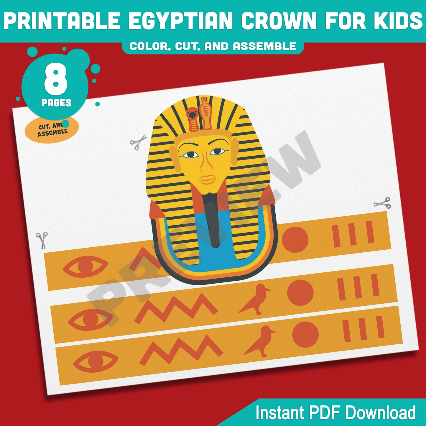 Printable Egyptian Crown for Kids, Pharaoh Cleopatra Sphinx Anubis Paper Hat and Headband Crafts, Fun Color Cut & Wear Activity, 5 Designs, PDF
