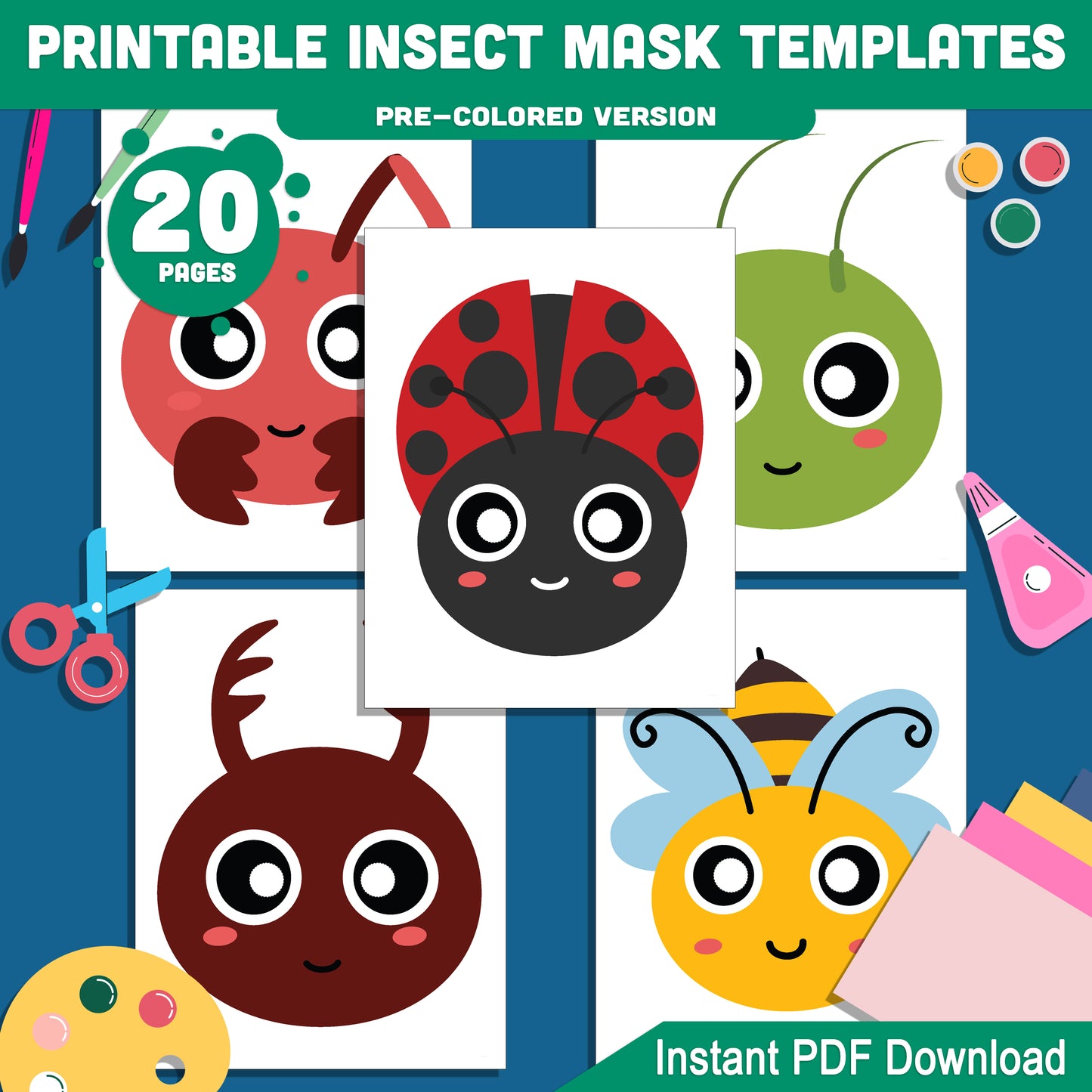 Insect Mask Printables: 20 DIY Bug-Themed Pages, Including Mosquito, Caterpillar, Spider, Ant, Butterfly & More, Pre-Colored & Black and White, PDF Download