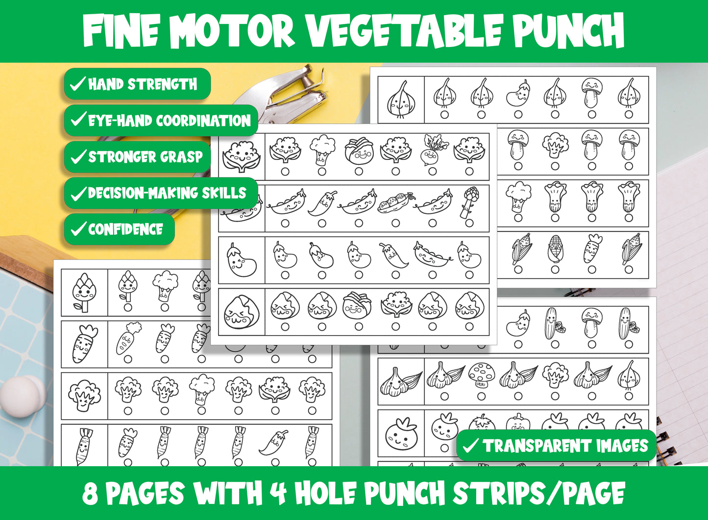 Fine Motor Vegetable Punch, Kids Hole Punch Activities for Task Boxes & Tubs, 8 Pages, 4 Strips/Page, PDF File, Instant Download.