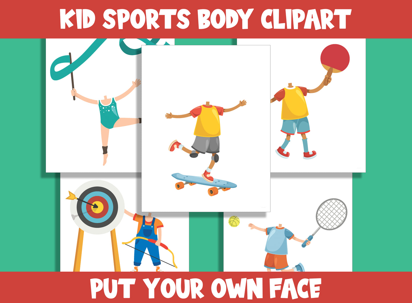 Kid Sports Body Clipart, Color, Cut, & Glue, Put Your Own Face, for PreK to 7th