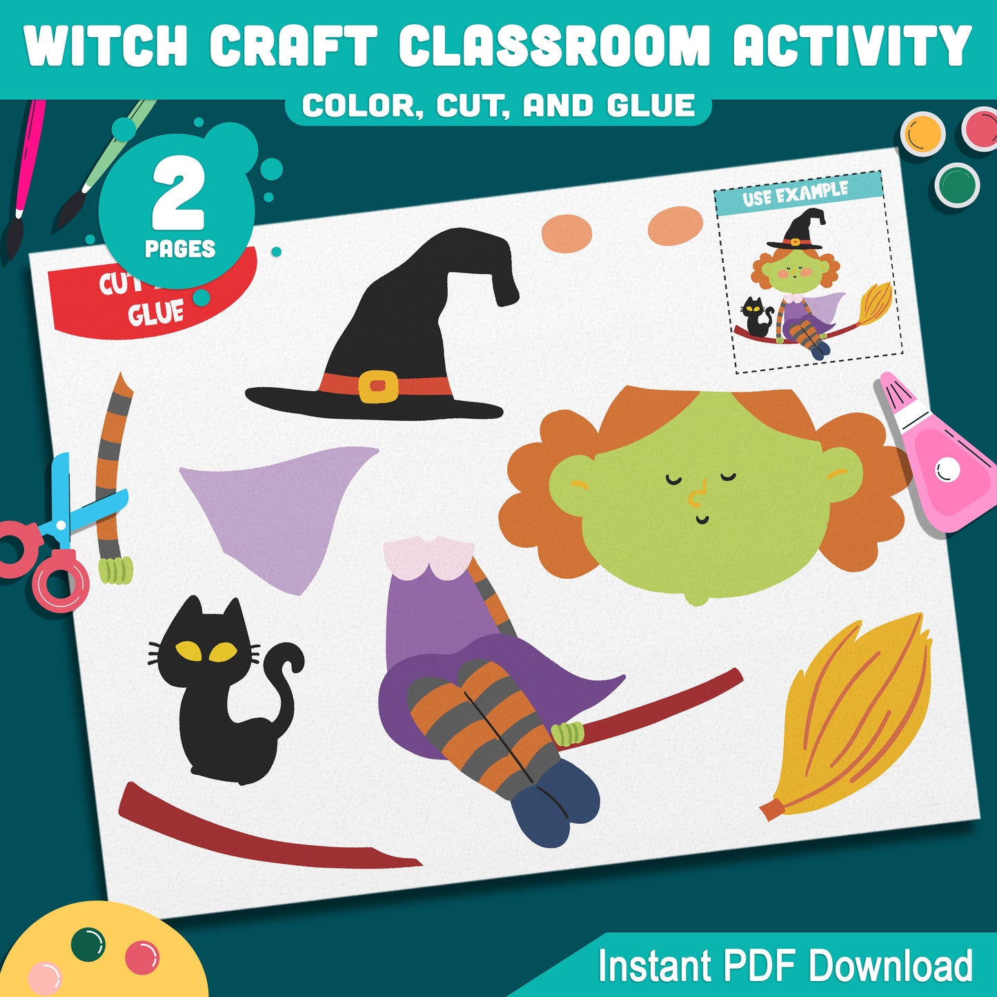 Printable Witch Craft Classroom Activity, Color Cut and Glue Project for Preschool, Pre-K, Kindergarten, Easy Halloween Craft, 2 Pages PDF