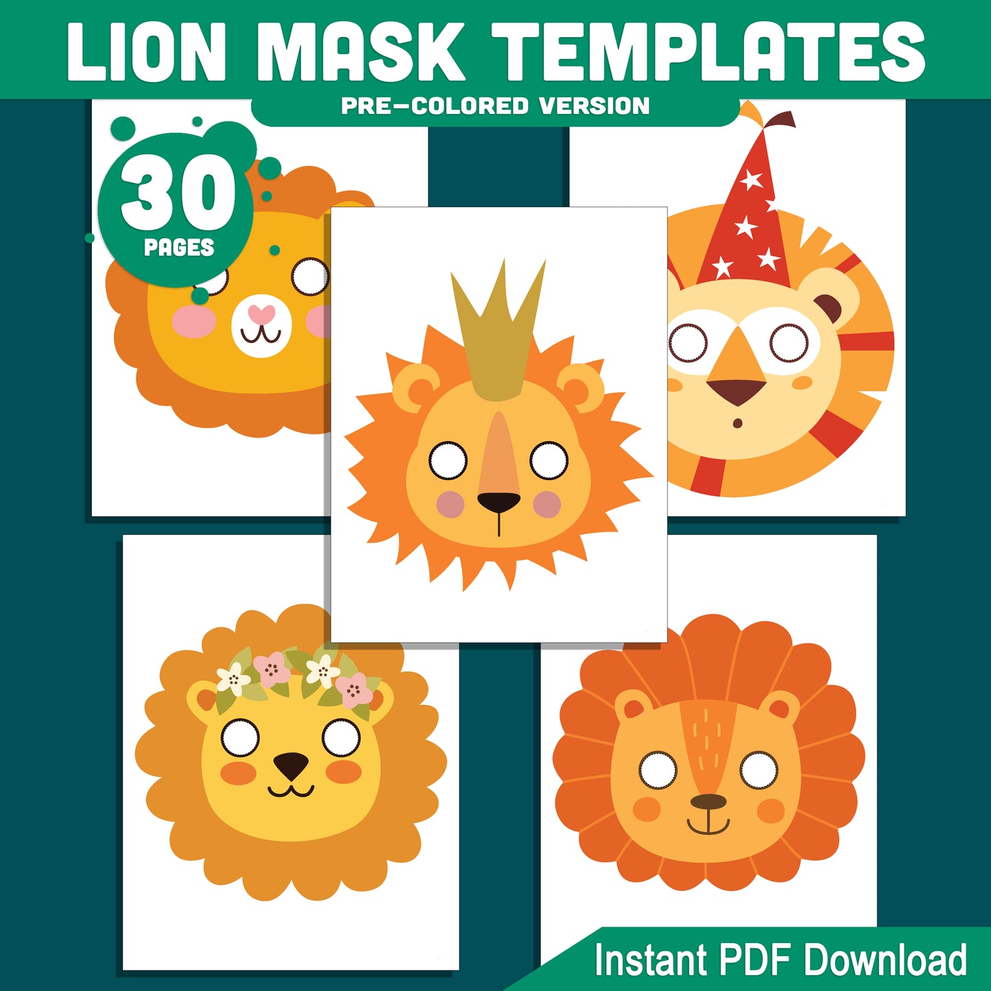 DIY Lion Mask Templates – Fun Printable Face Masks for Kids, Ideal for Birthday Parties, Costumes & Playtime, Black-and-White & Colored PDF, Instant Download