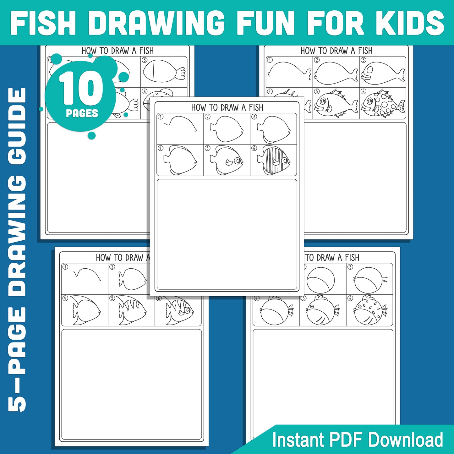 Fish Drawing Made Easy for Kids: Step-by-Step 5-Page Tutorial + 5 Coloring Pages, Creative Art Project for Classroom or Home, Instant PDF Download