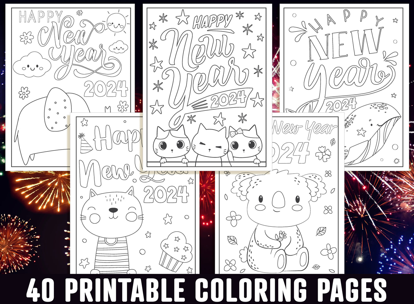 2024 New Year Coloring Pages, 40 Printable Happy New Year Coloring Pages for Kids, Boys, Girls, Teens. New Year Party Activity, PDF Download