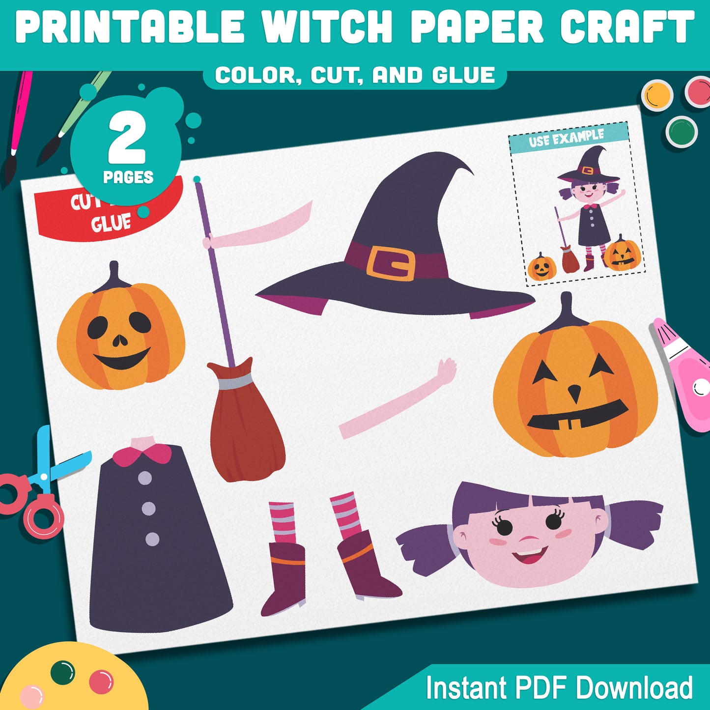 Printable Witch Paper Crafts for Halloween, Fun Kids Craft for Preschool Pre-K Kindergarten, Fall Bulletin Board, Color Cut and Glue Activity PDF