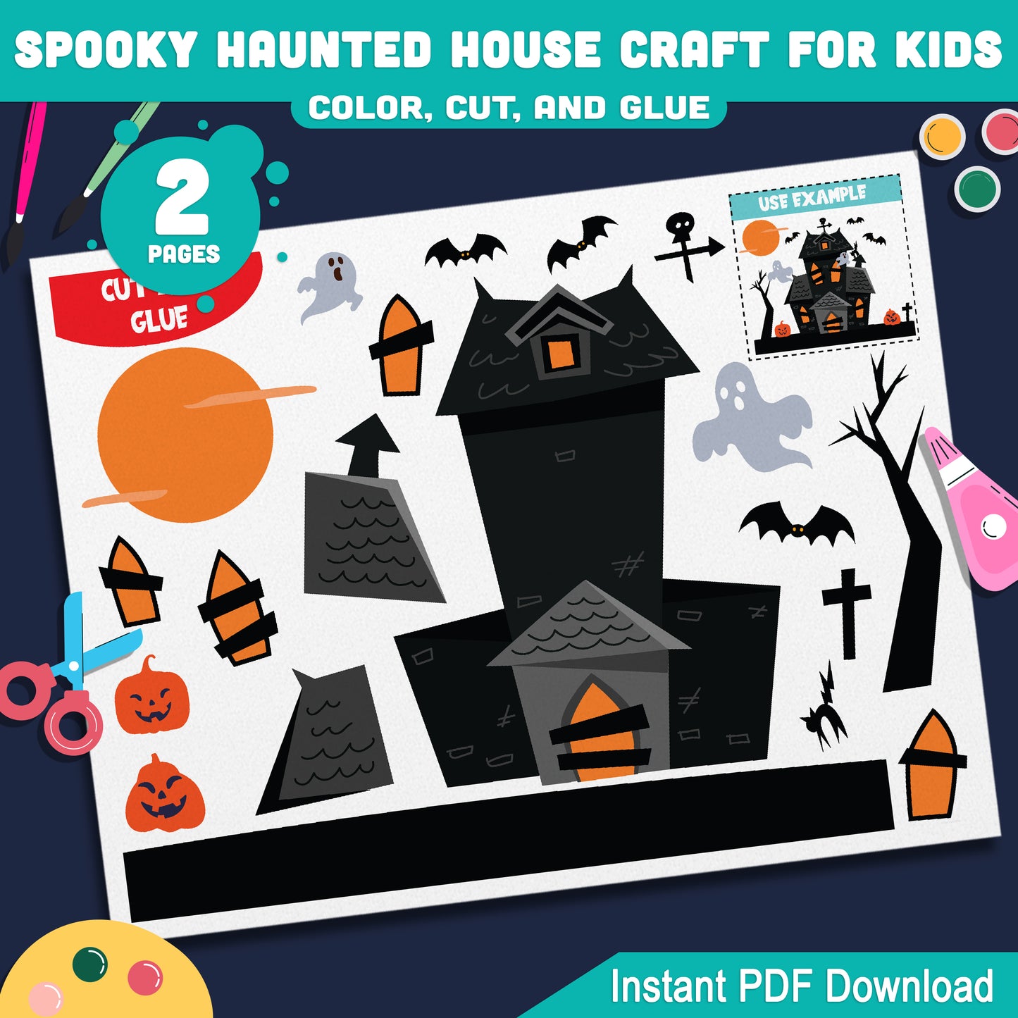 Spooky Haunted House Craft, Easy Halloween Color, Cut & Glue for Preschool, Pre-K, Kindergarten