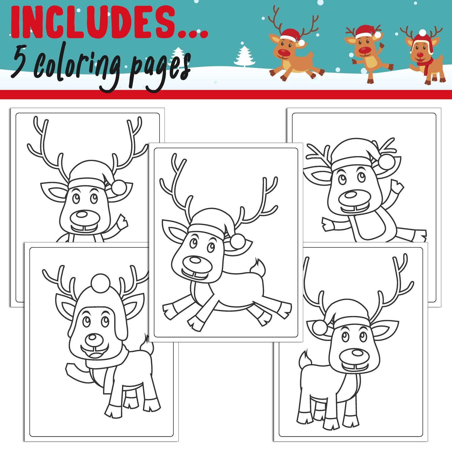 Learn How to Draw a Reindeer: Directed Drawing Step by Step Tutorial, Includes 5 Coloring Pages, PDF File, Instant Download.