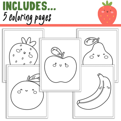 Learn How to Draw Fruits (Apple, Orange, Banana, Strawberry, Pear), Directed Drawing Step by Step Tutorial, Includes 5 Coloring Pages