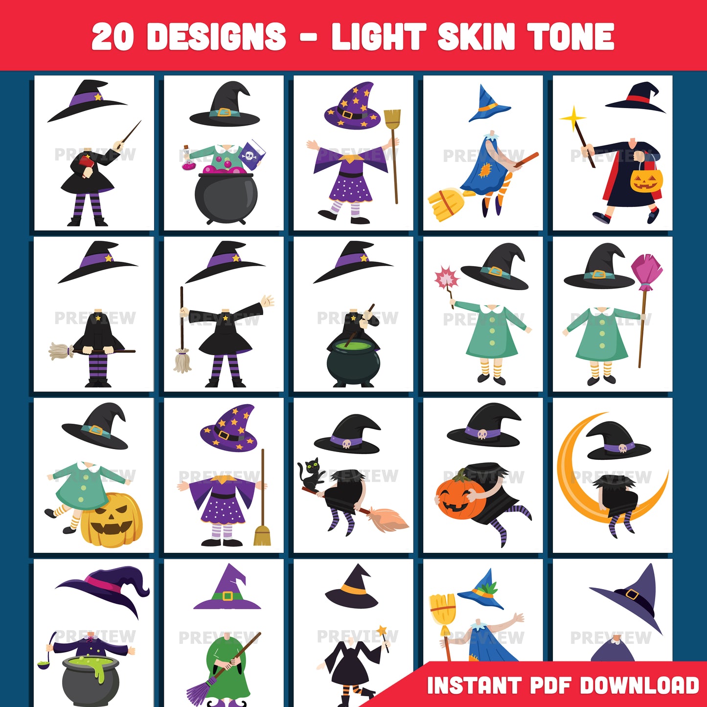 Printable Halloween Witch Body Templates for Kids, 20 Silly & Spooky Designs, Light + Dark Skin Included, DIY Face Cut & Paste Craft