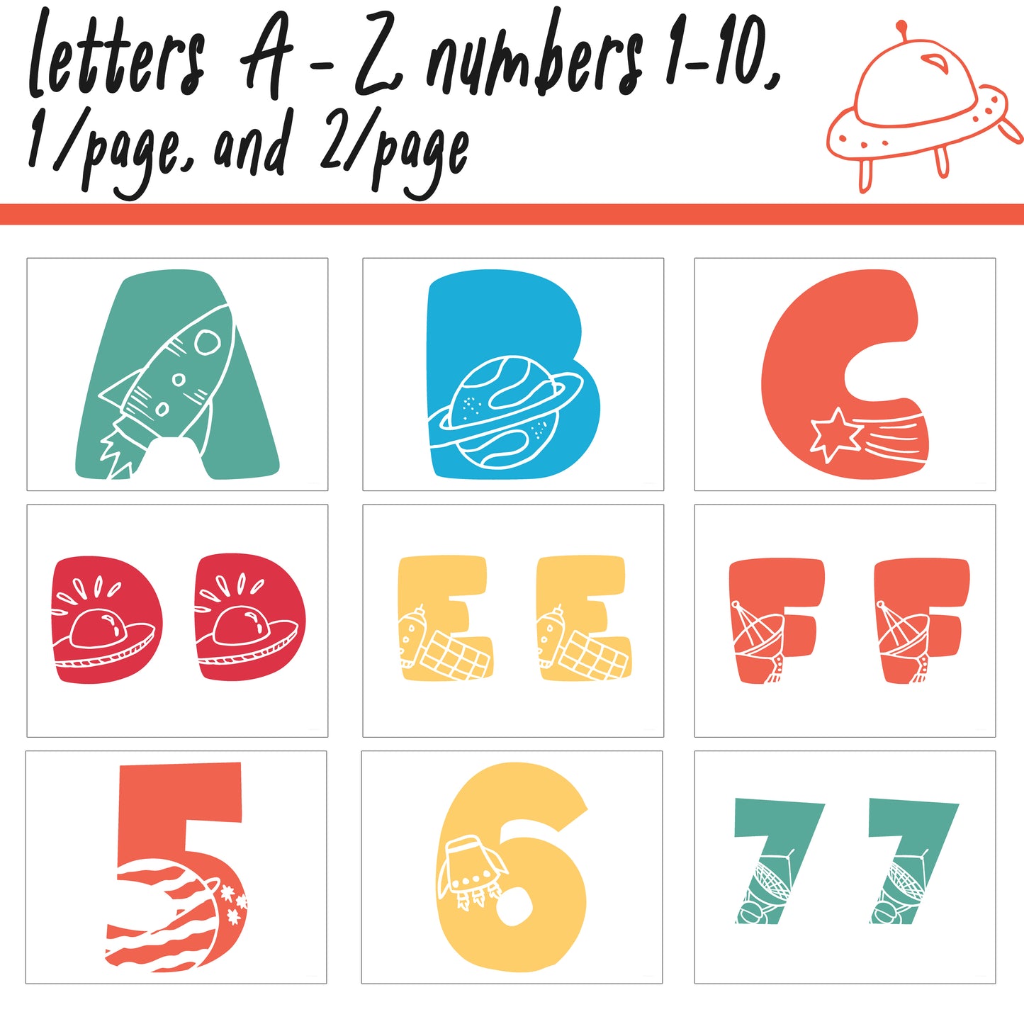Space Bulletin Board Letters | A - Z, Letters and Numbers,1 and 2 Per Page, Colorful Classroom Decor