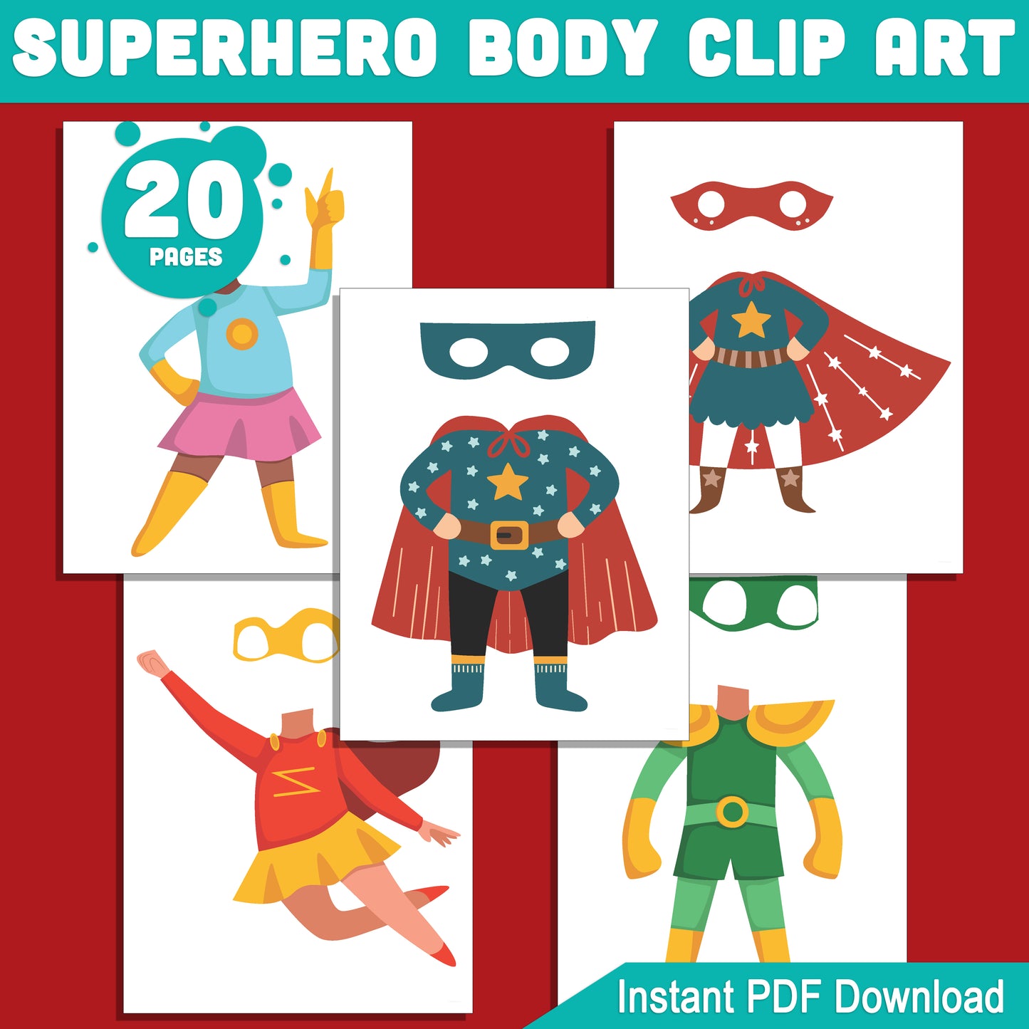 Superhero Body Cutout Clip Art: Add Your Own Face for a Customizable, Fun Activity – 20 Designs, Perfect for Kids’ Crafts & Parties, Instant PDF Download
