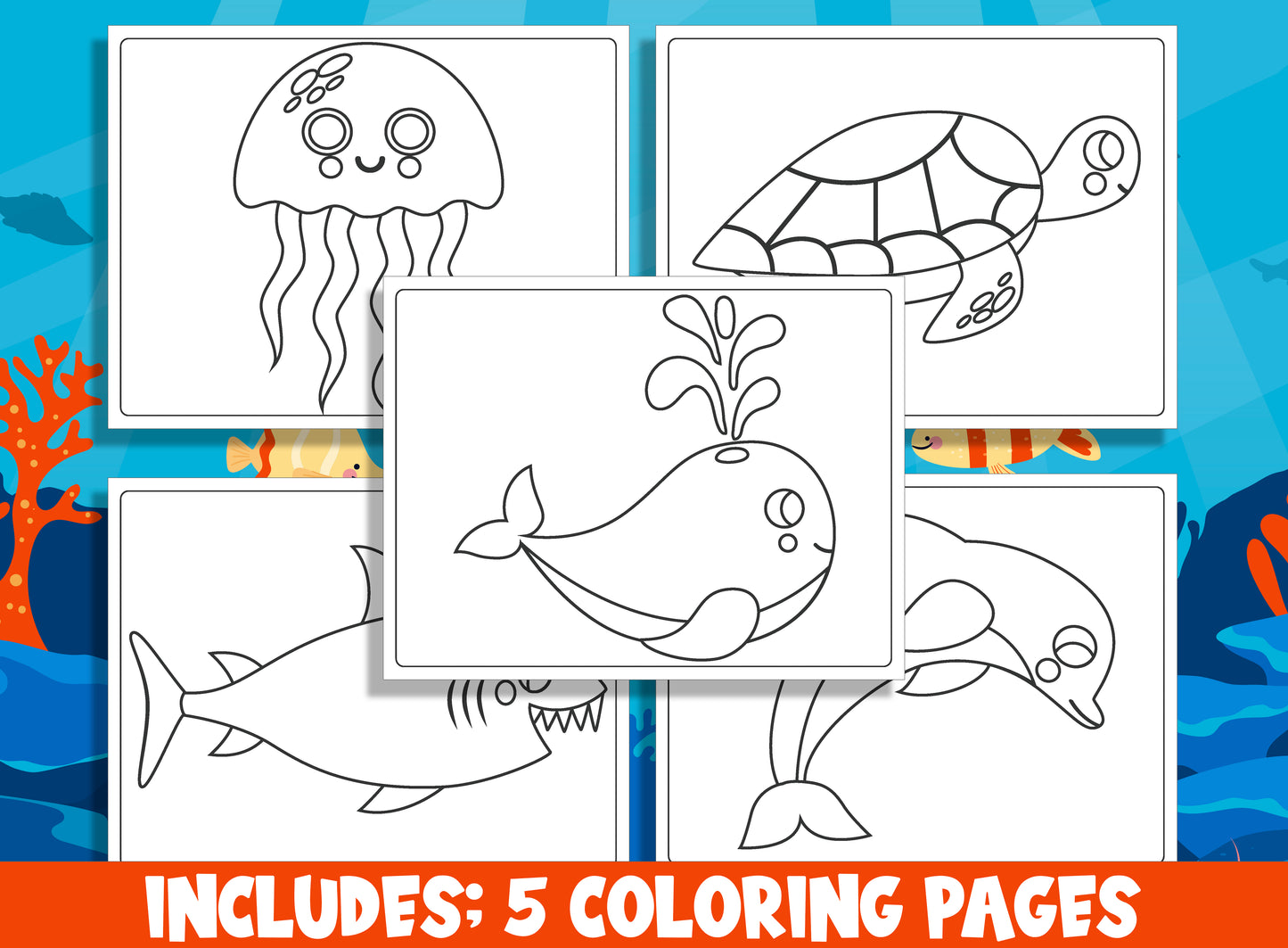 Learn How to Draw a Sea Animal (Whale, Shark, Dolphin, Jelly Fish, Sea Turtle), Directed Drawing Step by Step Tutorial + 5 Coloring Pages