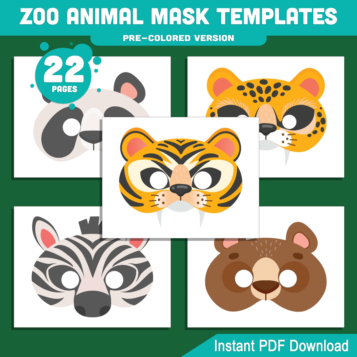Zoo & Jungle Animal Mask Templates: 22 Fun Printable Masks for Kids, Pre-Colored + Black & White, Great for Parties & Pretend Play, Instant PDF Download