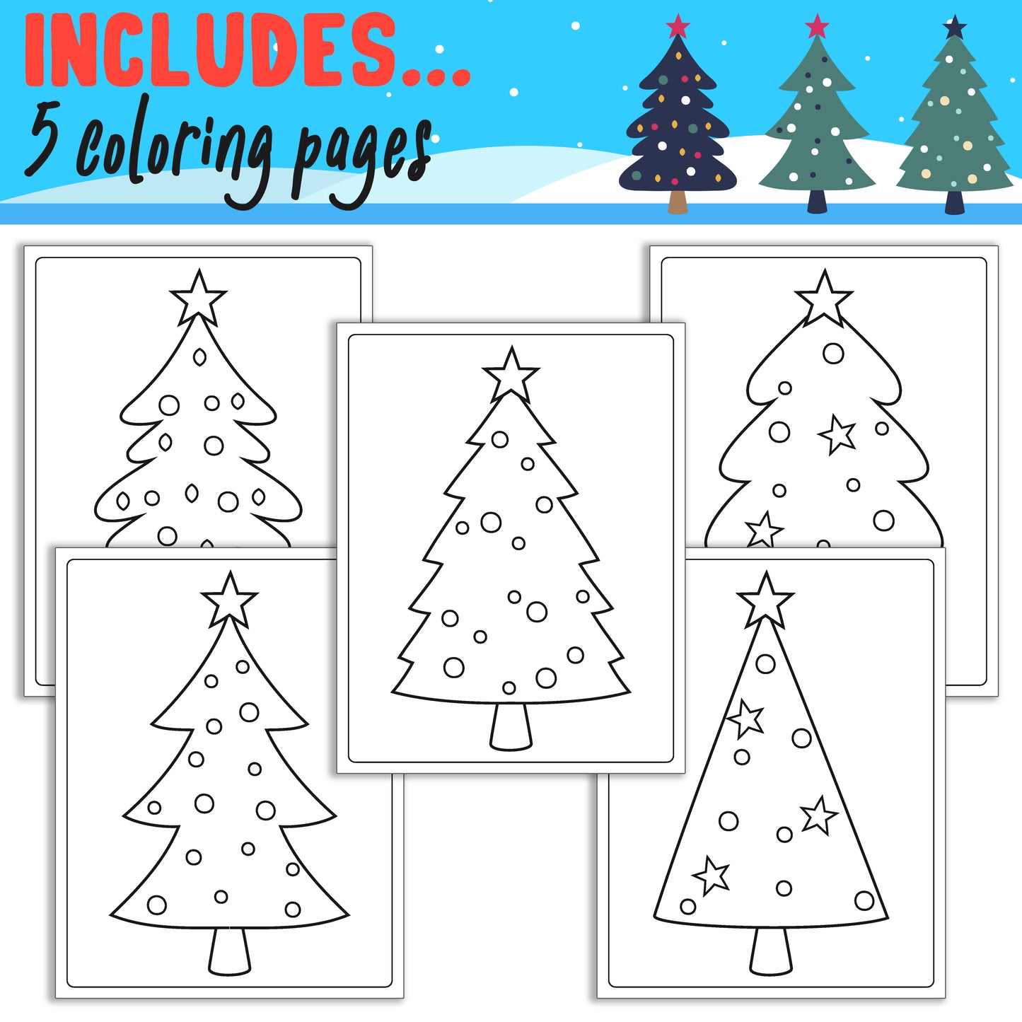 How To Draw a Christmas Tree, Directed Drawing Step by Step Tutorial, Includes 5 Coloring Pages, PDF File, Instant Download