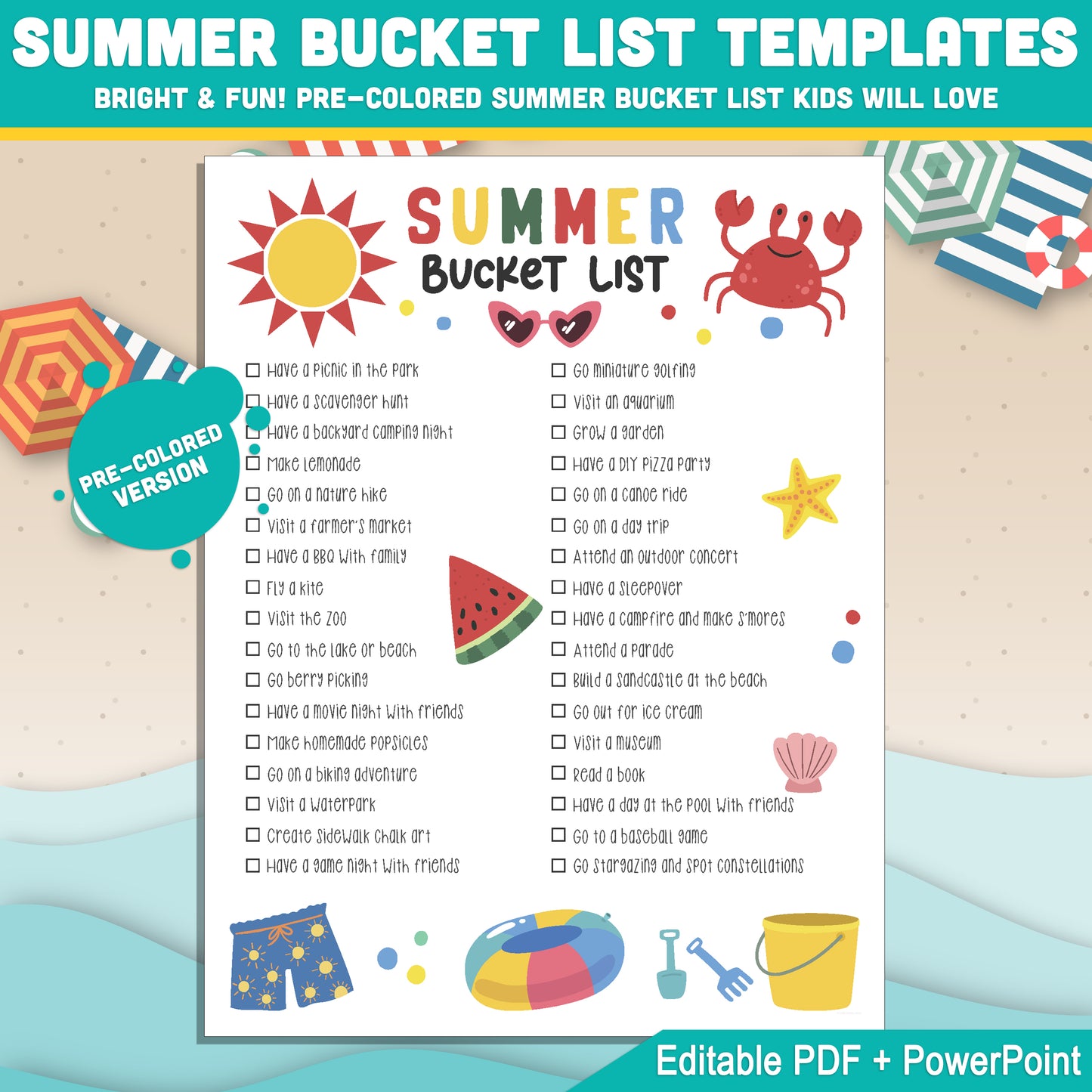 Summer Activity Checklist for Children: Editable Bucket List & Goals Planner PDF and PowerPoint Templates – Fun Black & White Pages Included