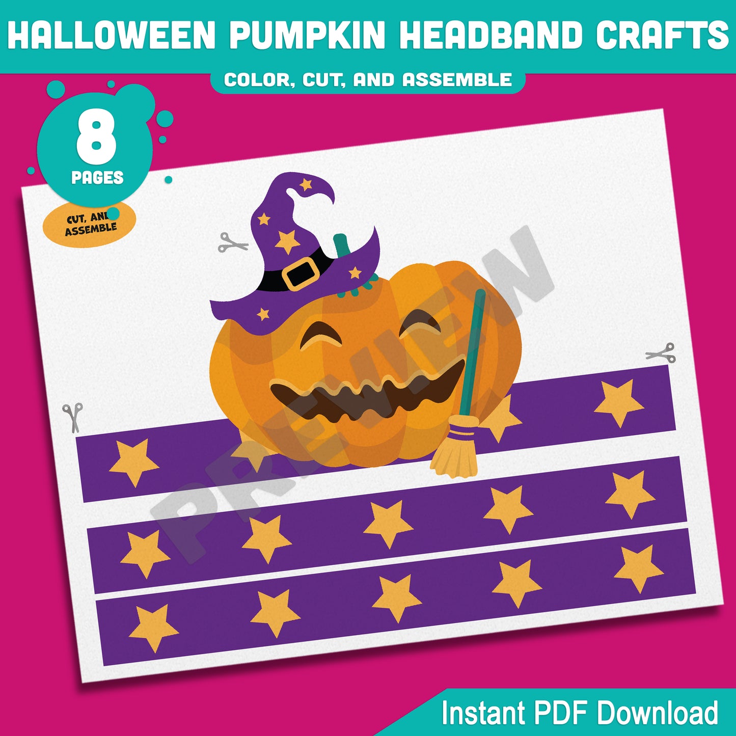 Halloween Pumpkin Headband Crafts for Kids – 4 Fun Designs, Pre-Colored & Black and White, Perfect Preschool, Pre-K, Kindergarten Drama Activity