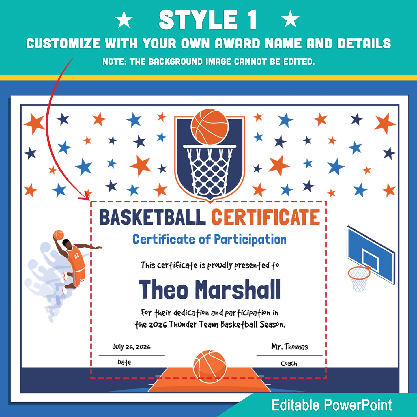 Editable Basketball Certificates | 4 Styles with Photo Options | Youth Team Awards, Player Recognition - 8.5x11 PowerPoint Instant Download