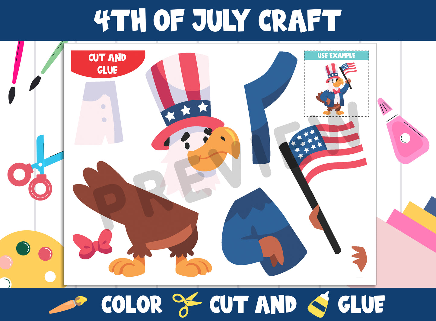 4th of July Craft Activity - Color, Cut, and Glue for PreK to 2nd Grade, PDF File, Instant Download