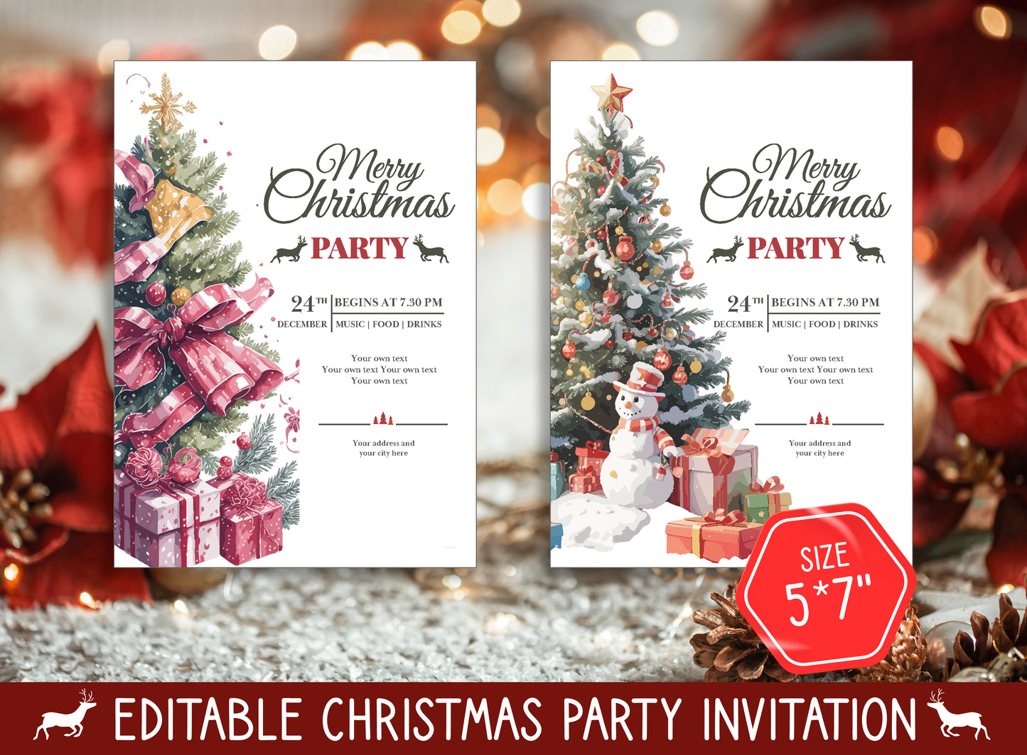Editable Holiday Party Invitation, Choose from 2 Designs & 2 Sizes (8.5"x11" and 5"x7"), PDF File, Instant Download