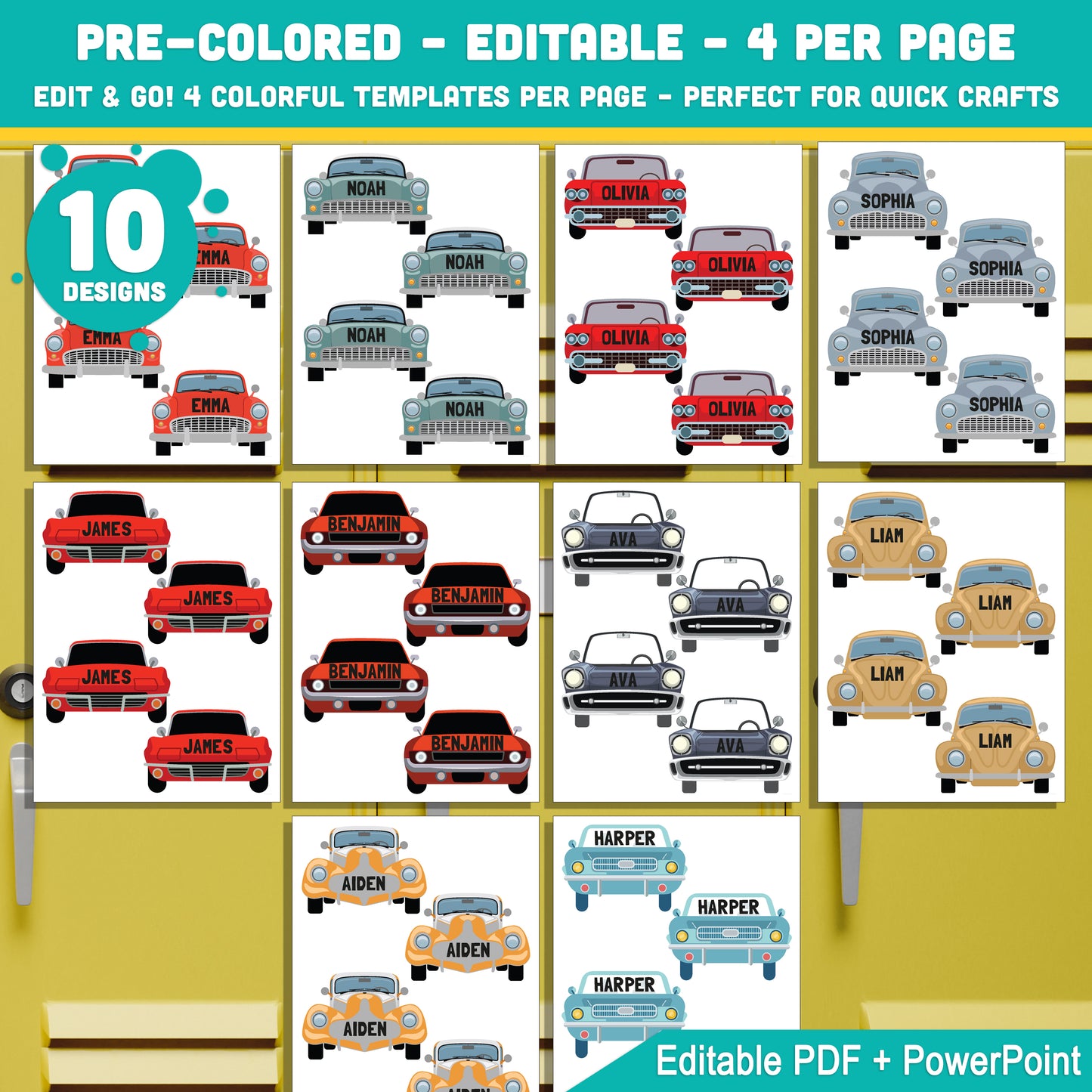 Retro Classic & Vintage Car Name Tags – Editable Locker and Cubby Labels, 10 Designs, PDF + PowerPoint, Instant Download