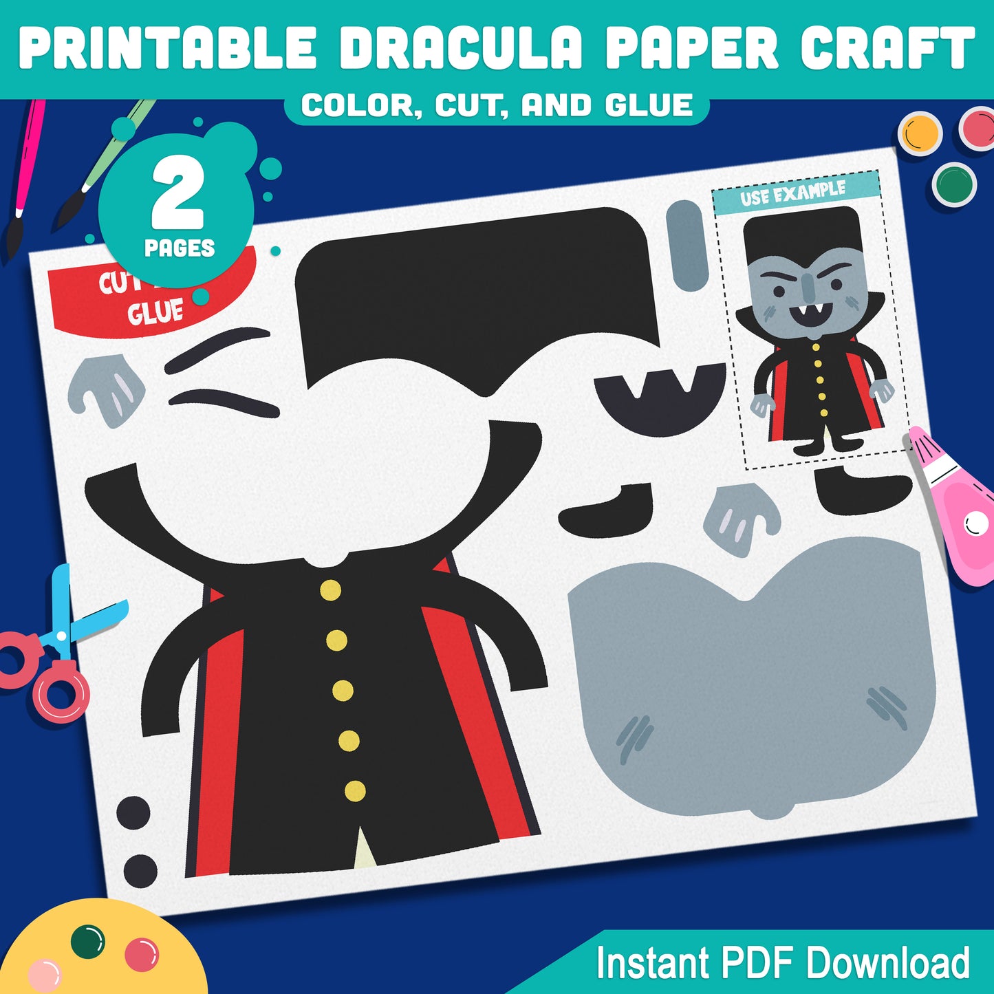 Printable Dracula Paper Craft for Preschool, Pre-K, Kindergarten – Fun Color, Cut and Glue Activity, Pre-Colored & Black and White, Halloween Project