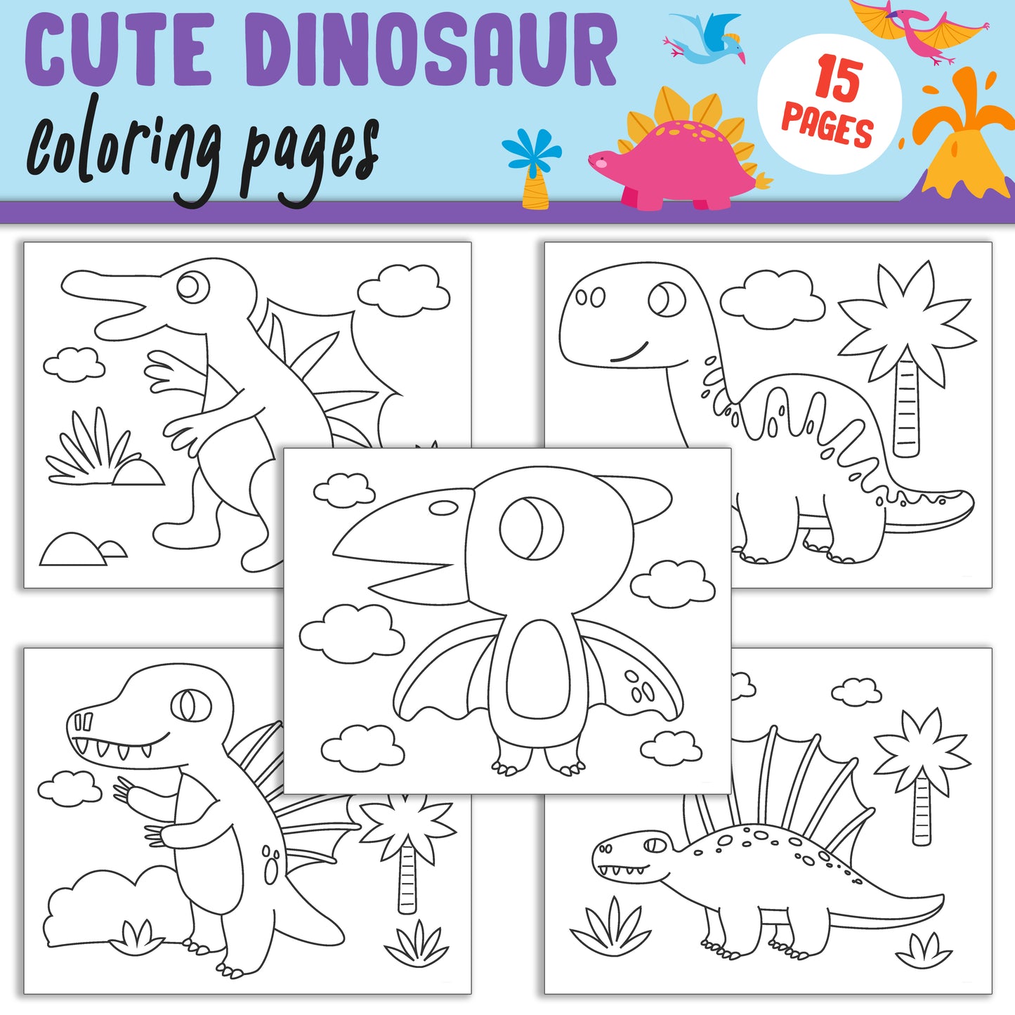 15 High-Resolution Dinosaur Coloring Pages: Easy and Fun for Toddlers, PreK, and Kindergarten - Instant PDF Download
