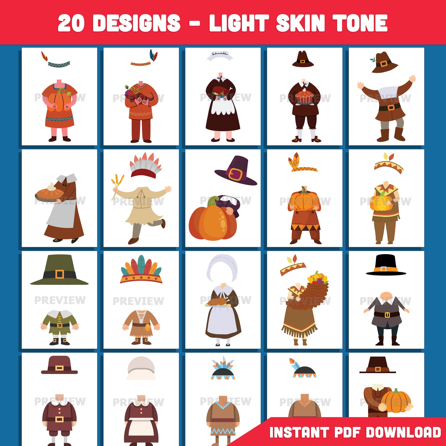 Printable Thanksgiving Character Body Templates for Kids, 20 Fun Designs (Light + Dark Skin Tone), Add Your Own Face Craft, 8.5x11β, Instant PDF Download