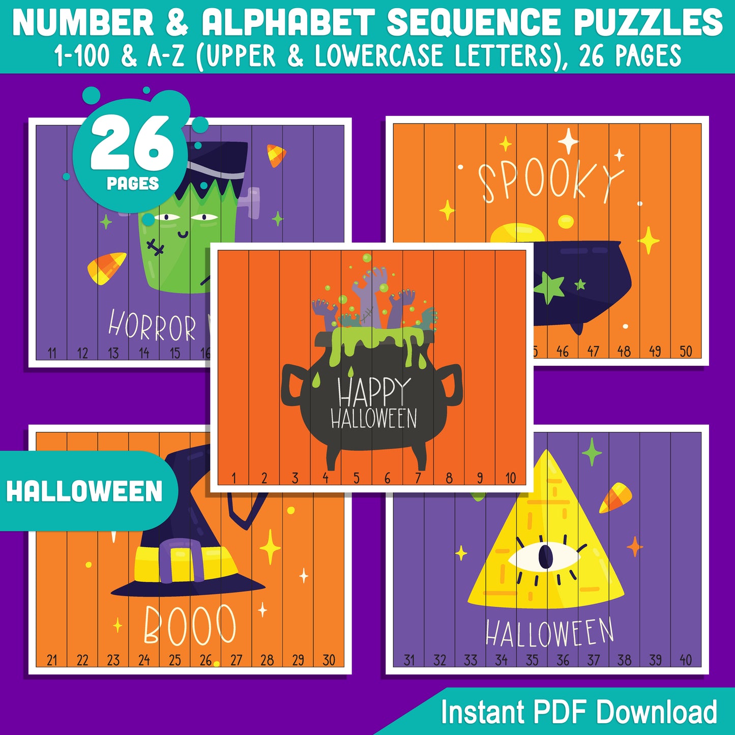 Halloween Number and Alphabet Puzzles: 1-100 and A-Z Sequencing Activities for Toddlers, Preschool, and Kindergarten – Printable PDF for Math Centers