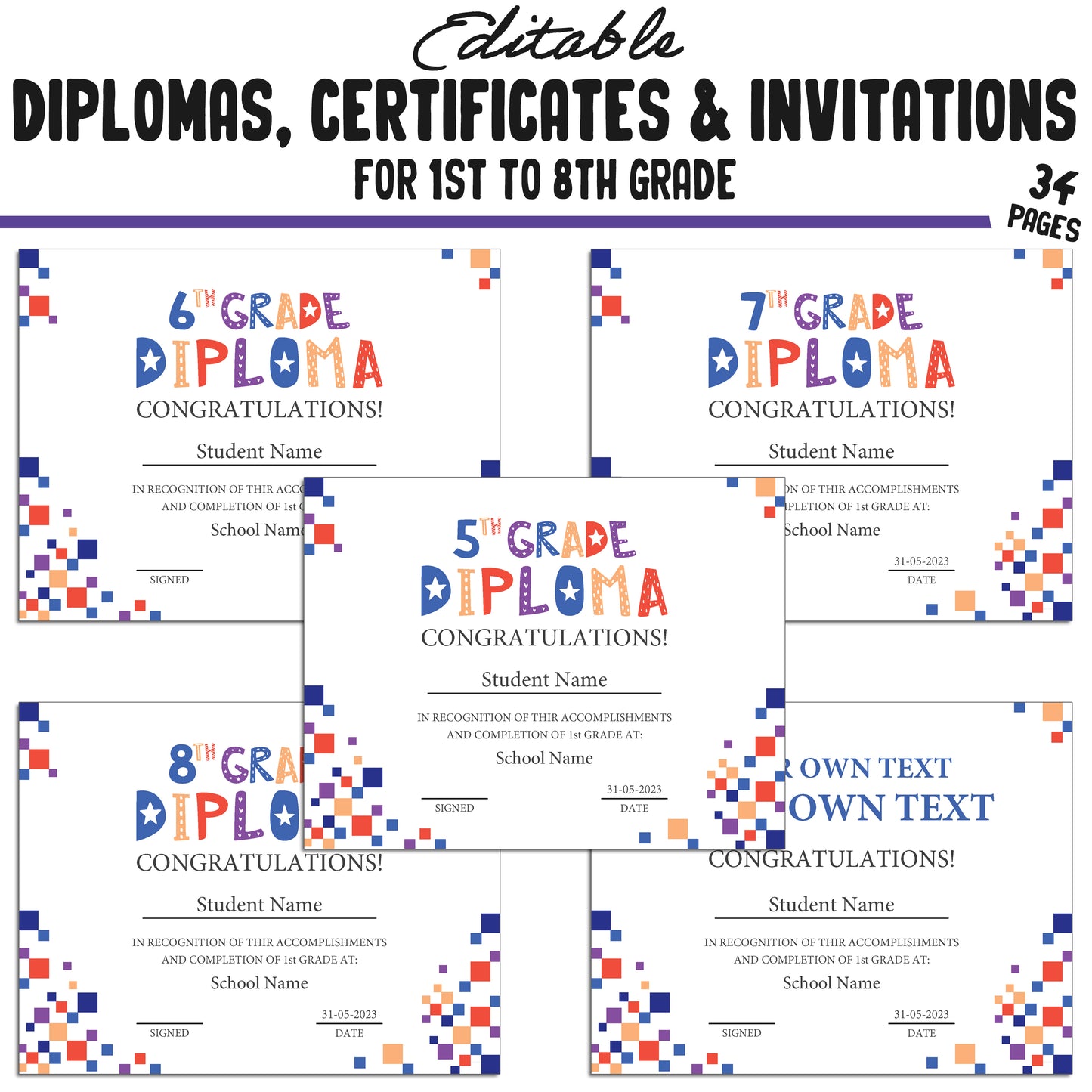 34 Editable First Grade Completion Certificate, 1st-8th Grade Diplomas & Invitation Templates, Simple Abstract-Themed, PDF Instant Download