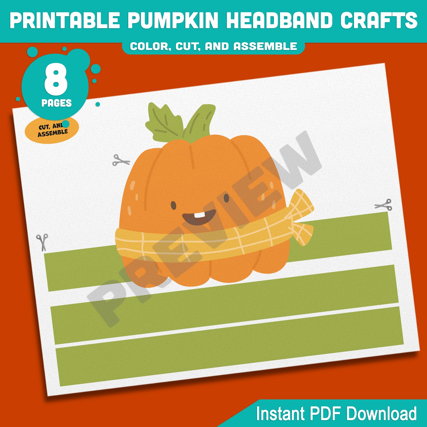 Printable Pumpkin Headband Crafts, Autumn Paper Crown and Hat Coloring Activity, Cut, Color & Wear for Kids, 5 Designs, Pre-colored + Black & White, PDF Download