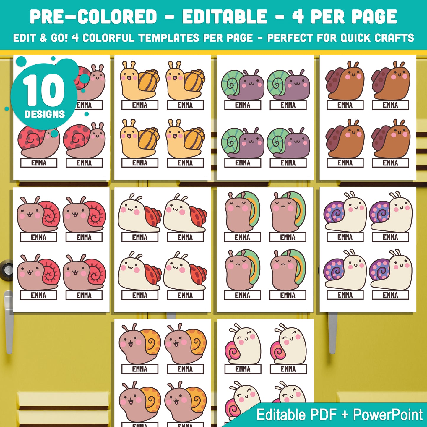 Snail Themed Editable Name Tags – 10 Locker & Cubby Label Designs, PDF + PowerPoint, Back to School Printable Set