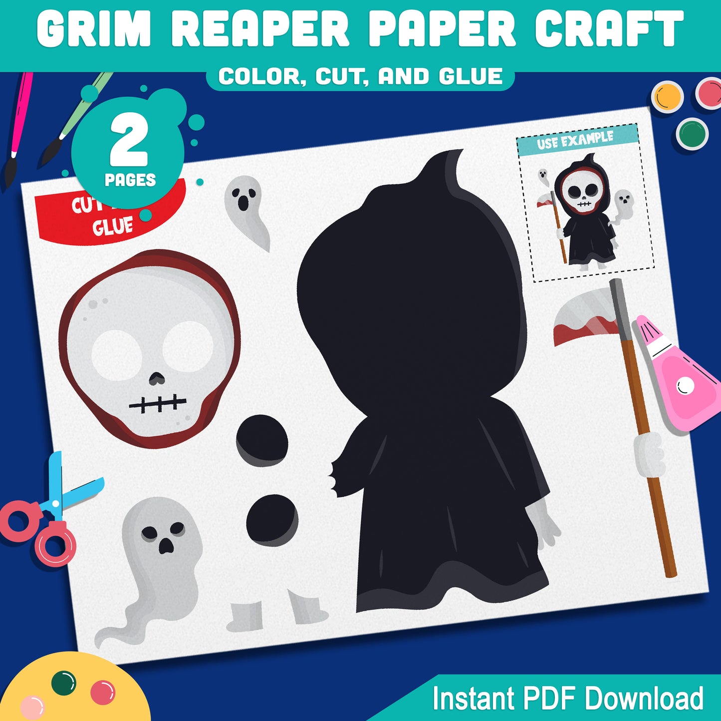 Halloween Printable Grim Reaper Paper Craft, Color Cut & Glue Activity for Preschool, Pre-K, Kindergarten, October Bulletin Board, Pre-Colored + Black & White